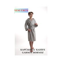 Pamuklu Kapüşonlu Genç Garson Boy Unisex Cepli Bukle Kadife Bornoz Gri
