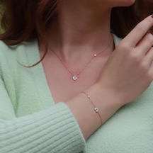 Kalp Figürlü Zirkon Taşlı Mine İşli Rose Gold Kaplama Gümüş Set Gümüş