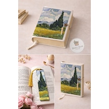 Kitap Kılıfı Ve Metal Kitap Ayracı Seti Van Gogh Selvi Ağaçlı Buğday Tarlası