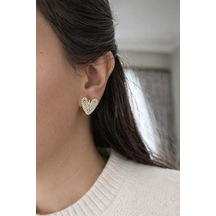 Çelik Gold Baget Kırık Taşlı Kalp Form Gleam Küpe -kararma Yapmaz- Altın