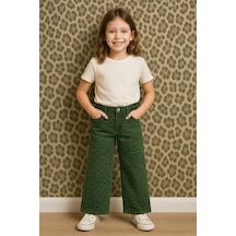 Uğur Bebe Kız Çocuk Yeşil Leopar Desenli Geniş Paça Premium Kot Trend Şıklık, Rahat Ve Tarz Günlük Pantolon Haki Yeşil Leopar Haki Yeşil Leopar