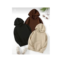 Medinenur Unisex Duz Baskısız 3 Lü Oversize Kapşonlu Sweatshirt Bejsiyahkahve