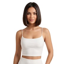 Mrm Pro Kadın Beyaz İp Askılı Crop Atlet Esnek Fit Nakışlı Crop Top Büstiyer Ön Kısım Çift