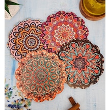 Renkli Desenli Nihale Ahşap Çaydanlık Tencere Tava Altlığ 4lü Set