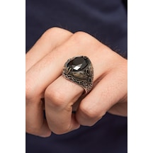 Oval Siyah Taşlı Yaprak Desen 925 Erkek Gümüş Yüzük Gümüş