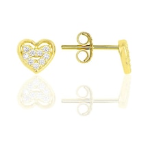Gümüş Altın Yaldızlı Zirkon Taşlı Kalp Küpe Barcode Gold - Rose Gold - Rodyum