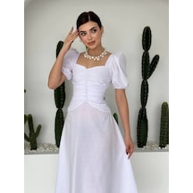 Defymoda Kare Yaka Düğmeli Elbise Beyaz