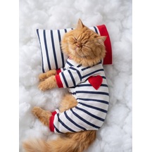 Mon Amour Çizgili Kedi Uyku Seti Penye Kedi Tulum Ve Mini Yastık Takımı Pamuklu Tüy Dökülmesini Azaltır