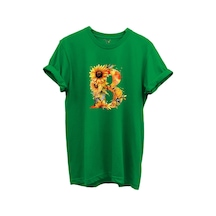 Ayçiçek Desenli B'' Harfi Baskılı %100 Pamuk Regular Fit Unisex T-shirt Yeşil