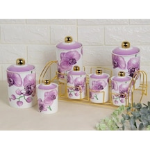 Fiona Mor Çiçek 8 Parça Gold Standlı Porselen Baharat Takımı Purebone-48 Beyaz