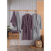 Newhome Alfa 6 Parça Kutulu %100 Pamuk Lüx Aile Bornoz Seti Mürdüm-gri Karışık