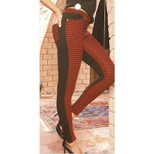 Mad Women Lingerie Mad Women Kadın %60 Pamuklu Cotton Arka Cepli & Ekstra Dayanıklı Uzun Siyah Tayt - Kırmızı Çizgili Si Yah
