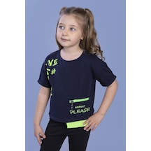 Toontoy Kids Toontoy Kız Çocuk Neon Uyumlu Cep Detaylı Baskılı Tişört Lacivert