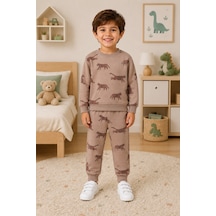 Monox Unisex Şardonlu İçi Polarlı Baskılı 3 İplik Takım Kahverengi