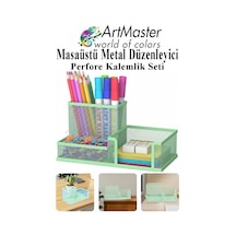 Masaüstü Metal Kalemlik Seti 3 Lü Kombo Açık Yeşil 1 Paket Fileli Perfore Kalemlik Kağıtlık Küpnotluk Düzenleyici Açık Yeşil