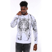 Wessi Beyaz Baskılı Ve Taşlı Bisiklet Yaka Sweatshirt Beyaz