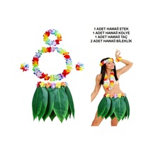 Yetişkin - 779 - Hawaii Kostüm Seti - Yaprak Etek &amp Hawaii Set - - Edntrend - 5 Parça Renkli