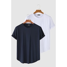 2'li Erkek Lacivert-beyaz Kolları Katlı Oval Kesim Cepsiz Bisiklet Yaka T-shirt Lacviert-beyaz