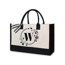 Tuval El Çantası Mektuplar Çiçek Taşınabilir Plaj Omuz Alışveriş Tote Çanta W A433 Siyah