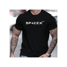 Caddemia Yaz Moda Rahat Gevşek Büyük Boy Spacex Mektup Desen Baskılı Yuvarlak Yaka Kı Siyah 2XL