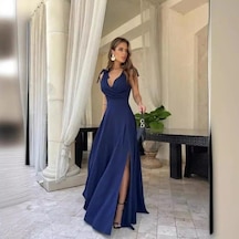 Efnaz Style Kadın Askılı Omuzdan Bağlamalı Kruvaze Yakalı Uzun Yırtmaçlı Janjan Krep Elbise Lacivert