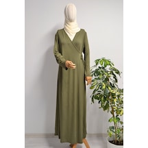 Kadın Yandan Bağlamalı Pamuklu Penye Namaz Elbisesi 38-48 Beden Yeşil