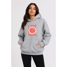 Herkesemoda Portakal Dilimi Baskılı Kapüşonlu 2 İplik Şardonlu Sweatshirt Gri