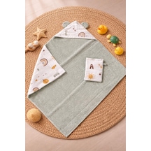 %100 Pamuk Bebek Kundak Banyo Havlusu Dışı Müslin İçi Havlu 75x75 Cm 0-24 Ay (Mint Yeşili)