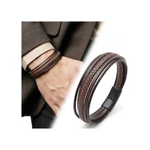 Premium Kahve Tüp Örgü Ve Çoklu Deri Bileklik - Zamak Kilit 31833b2d5z - 21 Cm Kahverengi