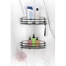 Tekno Tel St-207 Yapışkanlı 2'li Köşelik Banyo Rafı Siyah Deliksiz Duş Organizeri Kancalı Siyah