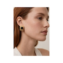 Lunarie Kare Vintage Küpe Kararmayan Gold Nervürlü Çerçeve Reçine Siyah
