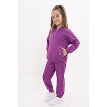 Toontoy Kids Kız Çocuk 2'li Takım Baskılı Kolej Yaka Fermuarlı Cepli Sweatshirt & Beli Paçası Ribanalı Jogger Eşofman Altı - Nervürlü & 2 İplik Mor