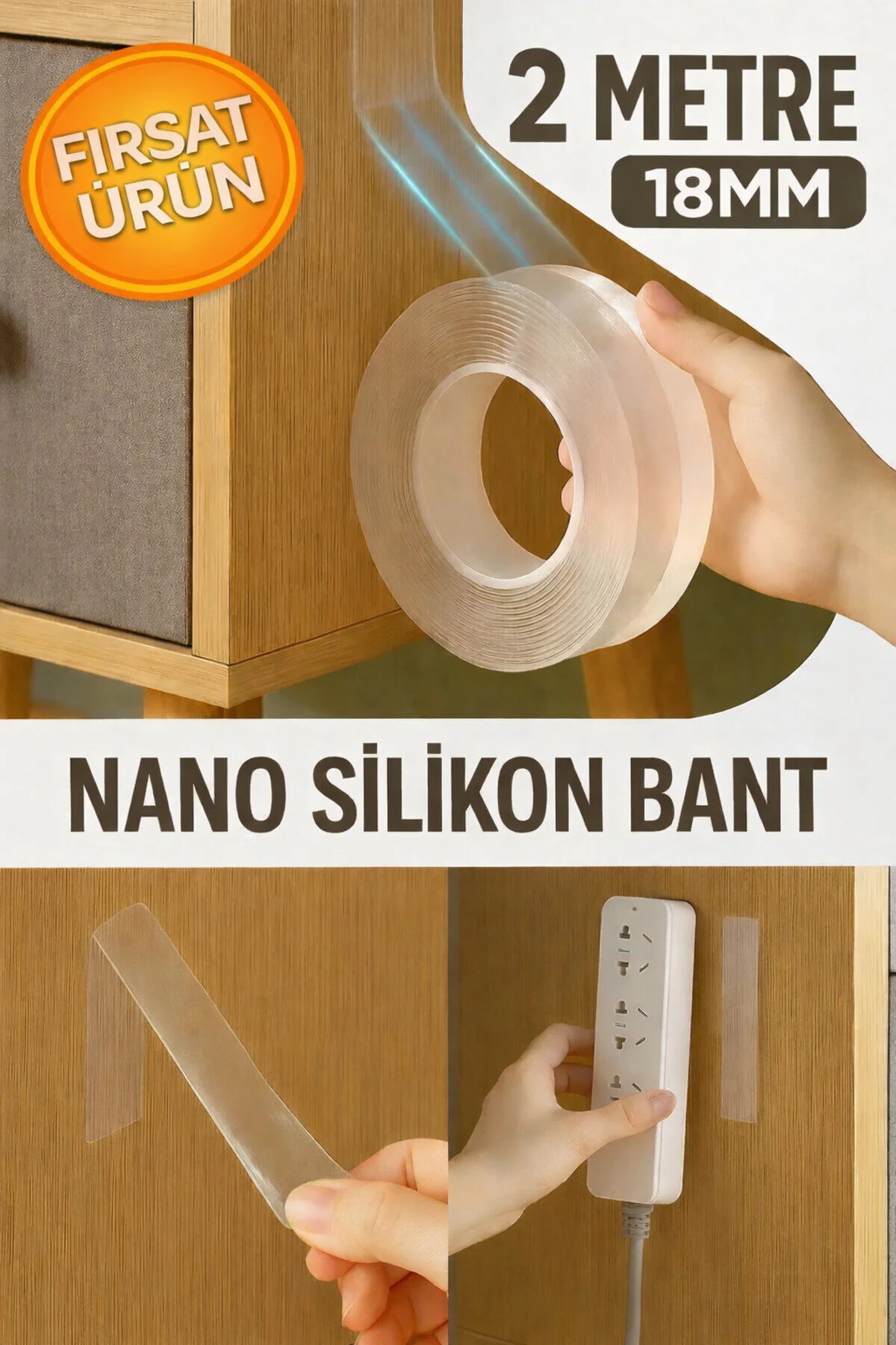 Şeffaf Çift Taraflı Nano Bant 2 Metre 18mm İz Bırakmaz, Süper Güçlü Yapışkan, Çok Amaçlı Montaj Band