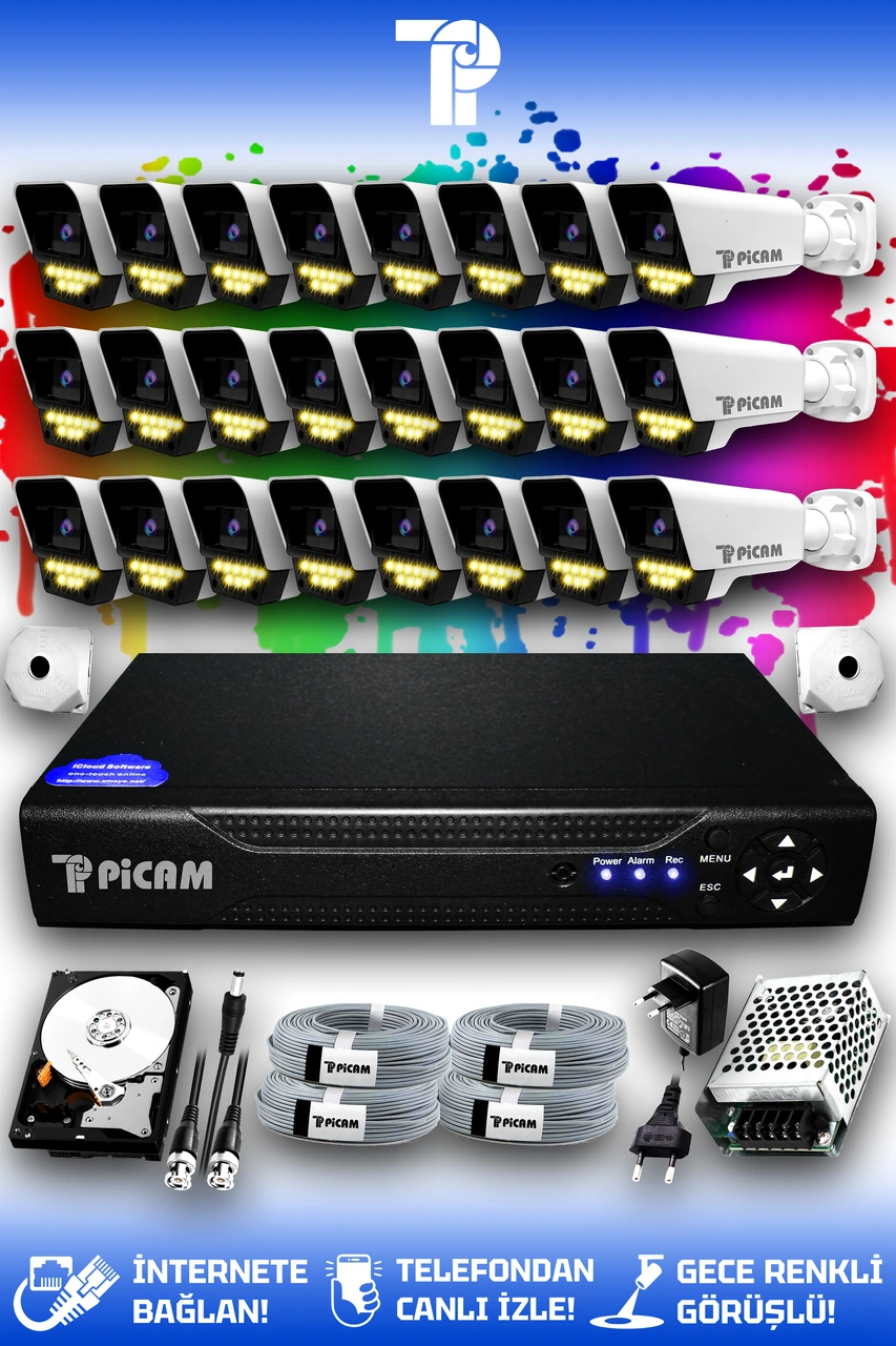 Picam 24 Kameralı Süper 24 Dış Kamera Set 500 GB 5 MP 2K Net Renkli Gece Görüşlü Güvenlik Kamerası Sistemi