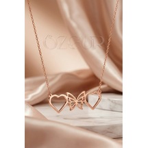 925 Ayar Gümüş Kalp Ve Kelebek Figürlü Kolye Rose Gold