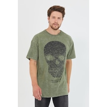 Erkek Parça Boya Baskılı Oversize Basic T-shirt Haki