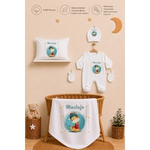 Pia Baby İsme Özel Erkek Bebek Tulum Seti %100 Pamuk Organik Baskılı Yastık Kılıfı Ve Battaniyeli Tulum 2082tyb0x Ekru