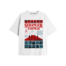 Stranger Things Baskılı Oversize Ünisex T-shirt Beyaz