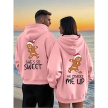 Nevermind Sevgili Çift Kombin Hoodie Gingerbread Baskılı Oversize Kapüşon Pembe