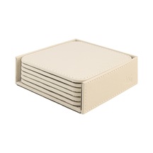 Bardak Altlığı,6 Lı Set,masaüstü Kare Cup Coaster,vegan Suni Deri,11x11 Cm.,bej