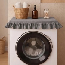Fırfırlı Çamaşır Makinesi Örtüsü - Çeyizlik Dekoratif Banyo Makine Kılıfı- Füme