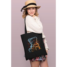 Brz Collection Neon Teddy Bear Baskılı Tote Bag Gabardin Çanta - Siyah