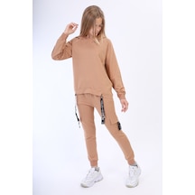 Toontoy Kids Kız Çocuk 2'li Takım Baskılı Kapüşonlu Reglan Kol Sweatshirt & Beli Lastikli Cepli Eşofman Altı - Şerit Detaylı Kahverengi