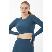 Maraton Active Slimfit Kadın Bisiklet Yaka Uzun Kol Training Mavi Crop Top 816005 Mavi