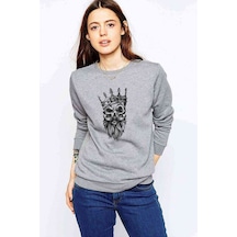 Gamblıng King Skull Baskılı Gri Kadın Sweatshirt