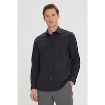 AC&Co / Altınyıldız Classics Erkek Sıyah Slim Fit Dar Kesim Klasik Yaka Pamuklu Armürlü Gömlek Siyah