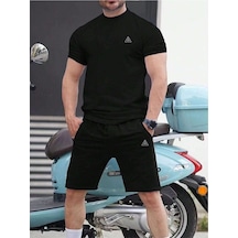 Ufo Logo T-shirt Şort - Siyah Alt Üst Kombin Şort Tişört Takım Baskılı Oversize Bisiklet Yaka Siyah