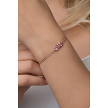 Nereze 925 Ayar Gümüş Pembe Taşlı Kedi Bileklik