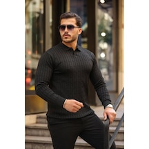 Erkek Saç Örgü Desen Uzun Kollu Triko Siyah
