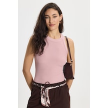 Tudors Kadın Slim Fit Dar Kesim Bisiklet Yaka Fitilli Görünümlü Askılı Likralı Pudra Rengi Bluz Atlet-50558